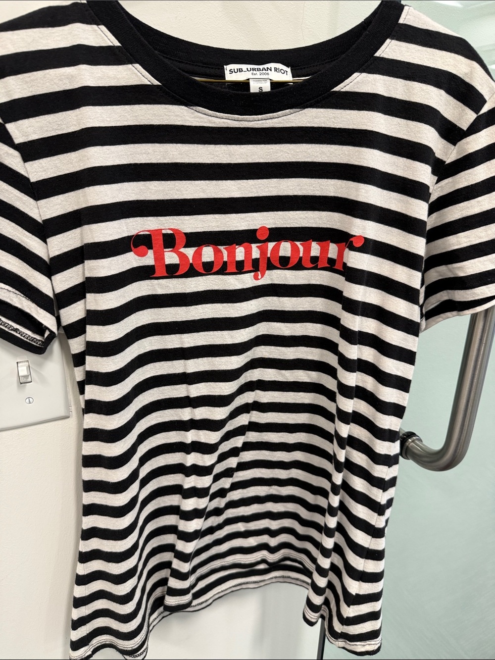 Sub_Urban Riot Black & White Striped Tee with Red "Bonjour" Script